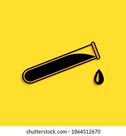 Black Test tube - chemical laboratory test icon isolated on yellow background. Long shadow style. Vector.