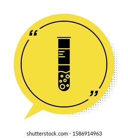 Black Test tube and flask chemical laboratory test icon isolated on white background. Laboratory glassware sign. Yellow speech bubble symbol. Vector Illustration
