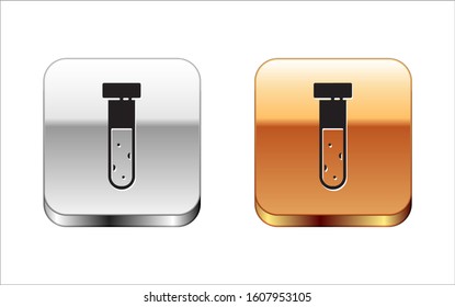 Black Test tube and flask chemical laboratory test icon isolated on white background. Laboratory glassware sign. Silver-gold square button. Vector Illustration