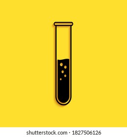 Black Test tube and flask - chemical laboratory test icon isolated on yellow background. Long shadow style. Vector.