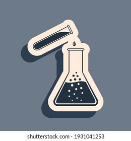 Black Test tube and flask - chemical laboratory test icon isolated on grey background. Laboratory glassware sign. Long shadow style. Vector Illustration