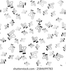 Black Test tube and flask chemical laboratory test icon isolated seamless pattern on white background. Laboratory glassware sign.  Vector