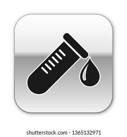 Black Test tube or flask with drop of blood icon isolated on white background. Laboratory, chemical, scientific glassware sign. Silver square button. Vector Illustration