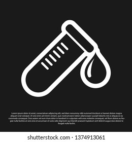 Black Test tube or flask with drop of blood icon isolated on black background. Laboratory, chemical, scientific glassware sign. Vector Illustration