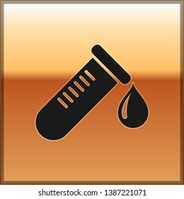 Black Test tube or flask with drop of blood icon isolated on gold background. Laboratory, chemical, scientific glassware sign. Vector Illustration