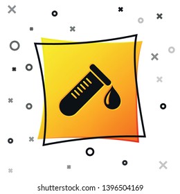 Black Test tube or flask with drop of blood icon isolated on white background. Laboratory, chemical, scientific glassware sign. Yellow square button. Vector Illustration