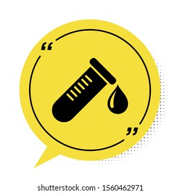Black Test tube or flask with drop of blood icon isolated on white background. Laboratory, chemical, scientific glassware sign. Yellow speech bubble symbol. Vector Illustration