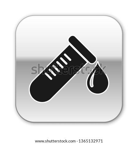 Black Test tube or flask with drop of blood icon isolated on white background. Laboratory, chemical, scientific glassware sign. Silver square button. Vector Illustration