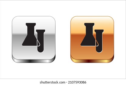 Black Test tube and flask icon isolated on white background. Chemical laboratory test. Laboratory glassware. Silver-gold square button. Vector