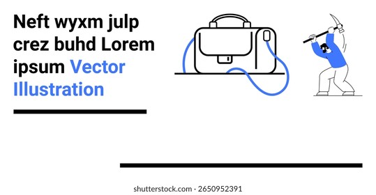 Black text block, business bag with blue strap, and man wielding a pickaxe. Ideal for business, finance, mining, education, presentations, marketing, and technology themes. Landing page