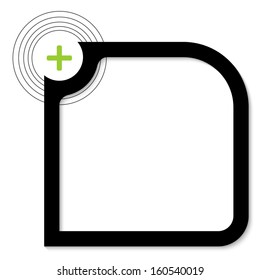 black text box with green plus sign