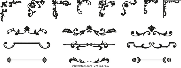 Black text divider and corner vintage ornate frames vector set. Fancy decorative elements collection. Baroque, Damask border ornament. Floral line art for greeting cards pattern. Elegant vignette