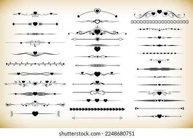 Black text dividers collection. Black dividers for Valentine's day. Set of graphic design elements. Vector illustration