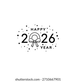 Texto preto e pontos formam Feliz 2026 Ano com um arco no centro.