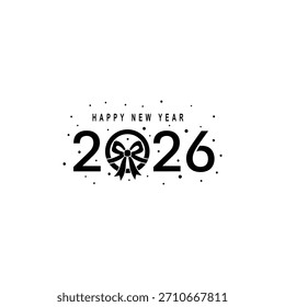 Texto y gráficos negros sobre un fondo blanco que celebran el Feliz Año Nuevo 2026 con un arco y puntos dispersos.