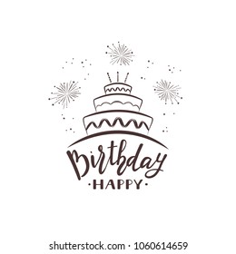 Black text Happy Birthday with cake and fireworks isolated on white background, illustration.