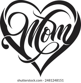 texto negro "Mom", con caligrafía de corazón letras modernas 