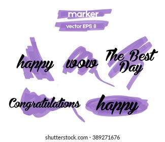 Black text on a purple background of the marker lines. the words: happy, wow, the best day, happy, congratulations. lettering sticker with brushpen calligraphy. label, sticker, print template