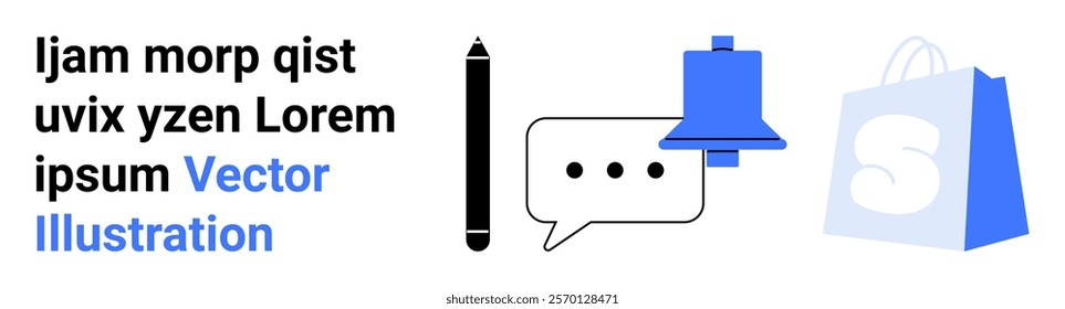 Black text, a pencil, a chat bubble with three dots, blue notification bell, and a shopping bag with S symbol. Ideal for online shopping, notifications, digital communication, vector graphics