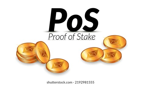 Black text PoS Proof of Stake with isometric stacks of Ethereum ETH coins with shadows isolated on white background. Design element.