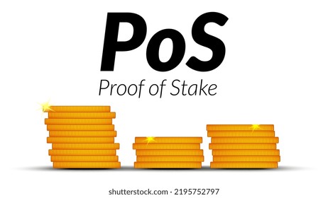 Black text PoS Proof of Stake with stacks of coins with shadows isolated on white background. Vector design element.
