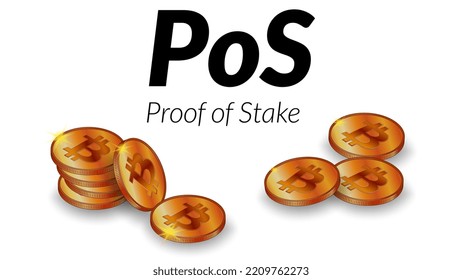 Black text PoS Proof of Stake with isometric stacks of Bitcoin BTC coins with shadows isolated on white background. Vector design element.