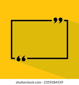 Black text quote icon sign isolated on yellow background. Blank rectangular frame