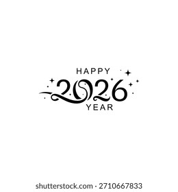 Feliz año 2026 con florituras decorativas y esteladas sobre un fondo blanco.