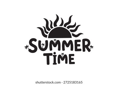 Texto negro 'Summer Time' acompañado de una simple ilustración de sol sobre un fondo blanco, creando un diseño alegre