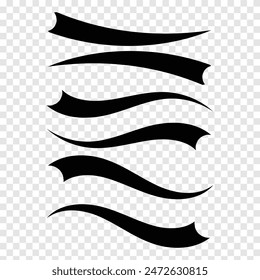Black text swooshes isolated vector design elements set. Underline swishes collection. Font tails negative space clip arts. Curly, wavy decorative swashes on white background bundle. Swash vector. 