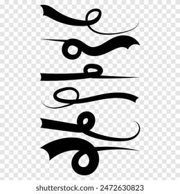 Black text swooshes isolated vector design elements set. Underline swishes collection. Font tails negative space clip arts. Curly, wavy decorative swashes on white background bundle. Swash vector. 