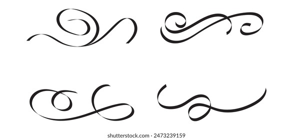 Black text swooshes isolated vector design elements set. Underline swishes collection. Font tails negative space cliparts. Curly, wavy decorative swashes on white background bundle