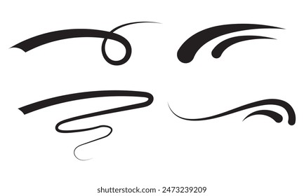 Black text swooshes isolated vector design elements set. Underline swishes collection. Font tails negative space cliparts. Curly, wavy decorative swashes on white background bundle