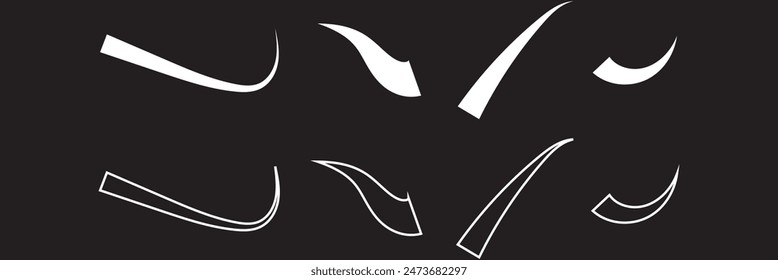 Black text swooshes isolated vector design elements set. Underline swishes collection. Font tails negative space cliparts. Curly, wavy decorative swashes on white background bundle
