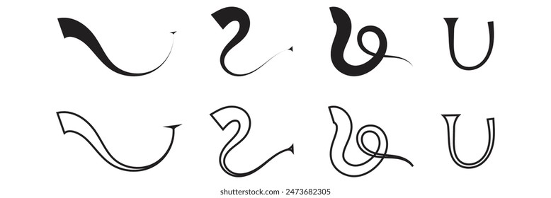 Black text swooshes isolated vector design elements set. Underline swishes collection. Font tails negative space cliparts. Curly, wavy decorative swashes on white background bundle