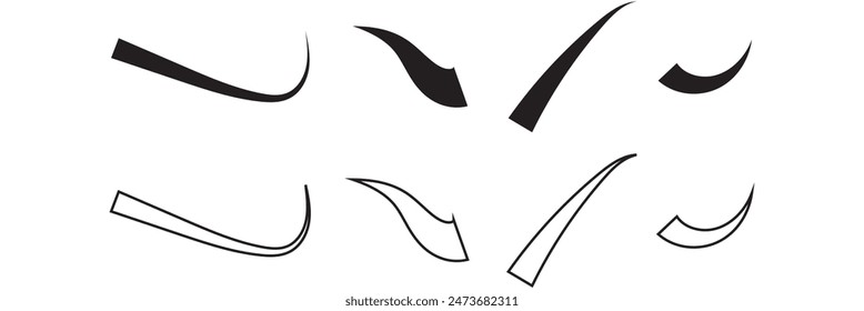 Black text swooshes isolated vector design elements set. Underline swishes collection. Font tails negative space cliparts. Curly, wavy decorative swashes on white background bundle