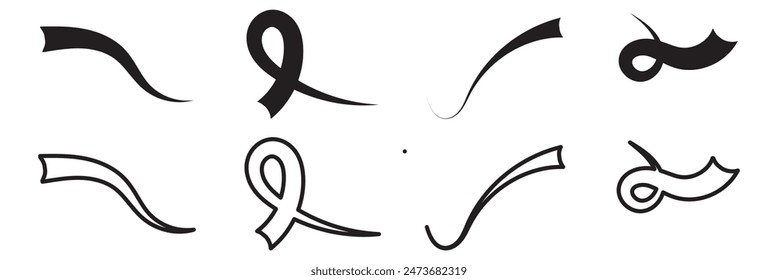 Black text swooshes isolated vector design elements set. Underline swishes collection. Font tails negative space cliparts. Curly, wavy decorative swashes on white background bundle