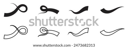 Black text swooshes isolated vector design elements set. Underline swishes collection. Font tails negative space cliparts. Curly, wavy decorative swashes on white background bundle