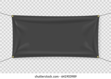 Black textile banner with folds. Blank hanging fabric template. Graphic design elements for advertising, web site, flyer, poster, sale announcement, election slogan. Empty mockup. Vector illustration