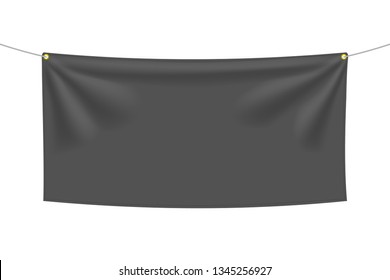 Black Textile Banner With Folds, Isolated On White Background. Blank Hanging Fabric Template, Empty Mockup. Vector Illustration