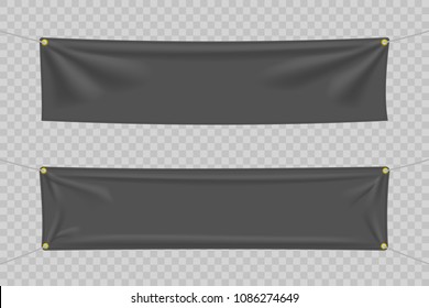 Black textile banners with folds. Blank hanging fabric template set. Vector illustration