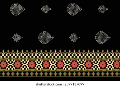 Black textile design with dotted patterns and a decorative border, for textile, wallpaper, gift wrapping.