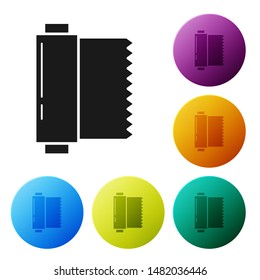 Black Textile fabric roll icon isolated on white background. Roll, mat, rug, cloth, carpet or paper roll icon. Set icons colorful circle buttons. Vector Illustration