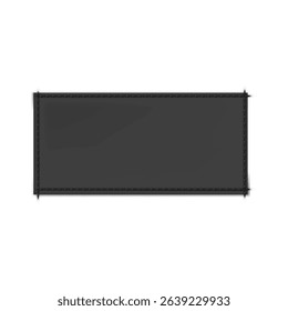 Black textile label rectangle sewn on. Fabric tag for textile. Vector realistic mockup of blank cloth label with stitches, cotton badge. Woven fashion sticker for size, material, wash information