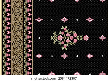 Black textile pattern with floral and geometric accents, ideal for wallpaper, textile, gift wrapping.