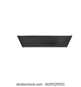 Black textile tag with decorative stitching along the edges. Realistic blank label. For clothing brand or size. Vector illustration. Isolated background.