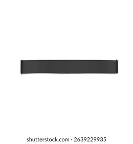 Black textile tape label. Fabric ribbon tag for textile. Vector realistic mockup of blank cloth label with stitches, cotton badge, woven fashion sticker for size information