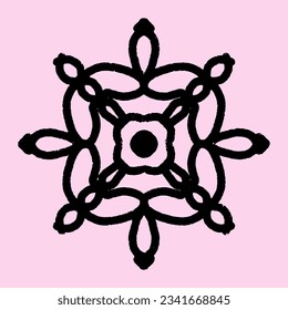 Black textural symmetrical pattern. Mandala. Vector monochrome grunge element.