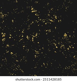 Fondo de textura negro, Anuncio, diseño de la cubierta. Textura dorada. Patrón geométrico original 3D con manchas, arañazos, salpicaduras. Capa de superposición Grunge. 