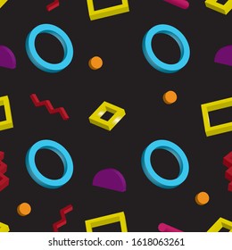 Black texture with colorful 3D abstract shapes seamless pattern